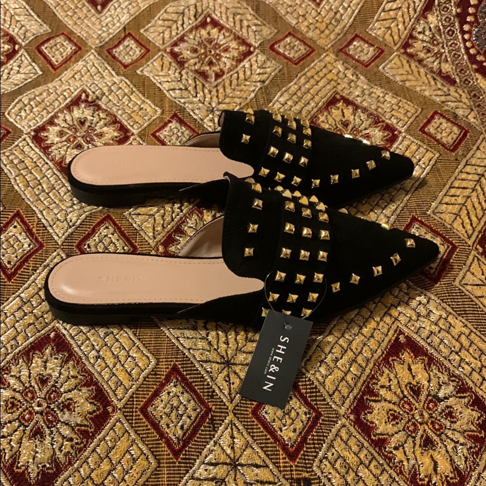 SHEIN Black and Gold Studded Suede Mules - Picture 5 of 7
